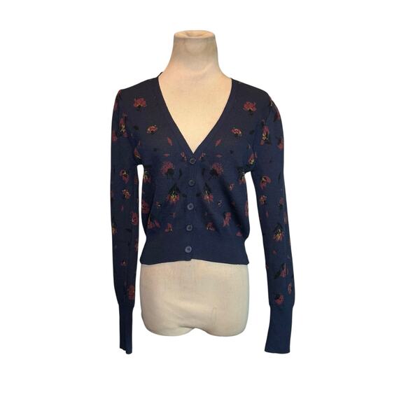 Zara navy blue floral knit buttoned cropped cardigan sweater size small - Picture 10 of 12